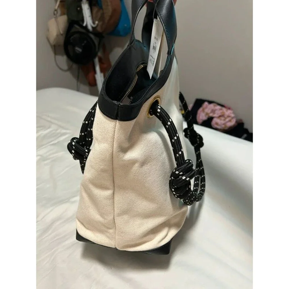 Cream Canvas Tote Bag with Black Leather Trim & Nautical Knot Rope Straps